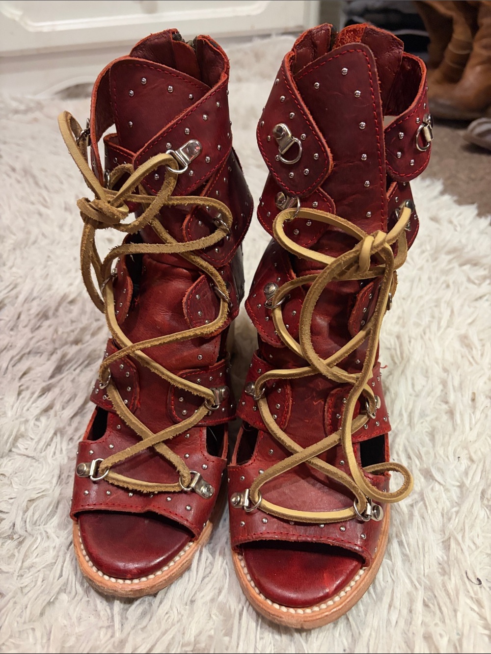 Freebird by Steven Red Studded Lace-Up Leather Boots with Tan Laces